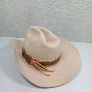 Trail Boss  Vintage Tan Felt Cowboy Hat Medium Leather Feather
